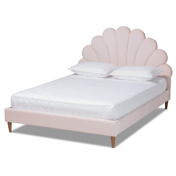 Baxton Studio Odille Pink Velvet Walnut Wood Queen Size Seashell Shaped Platform Bed 163-10333 - main